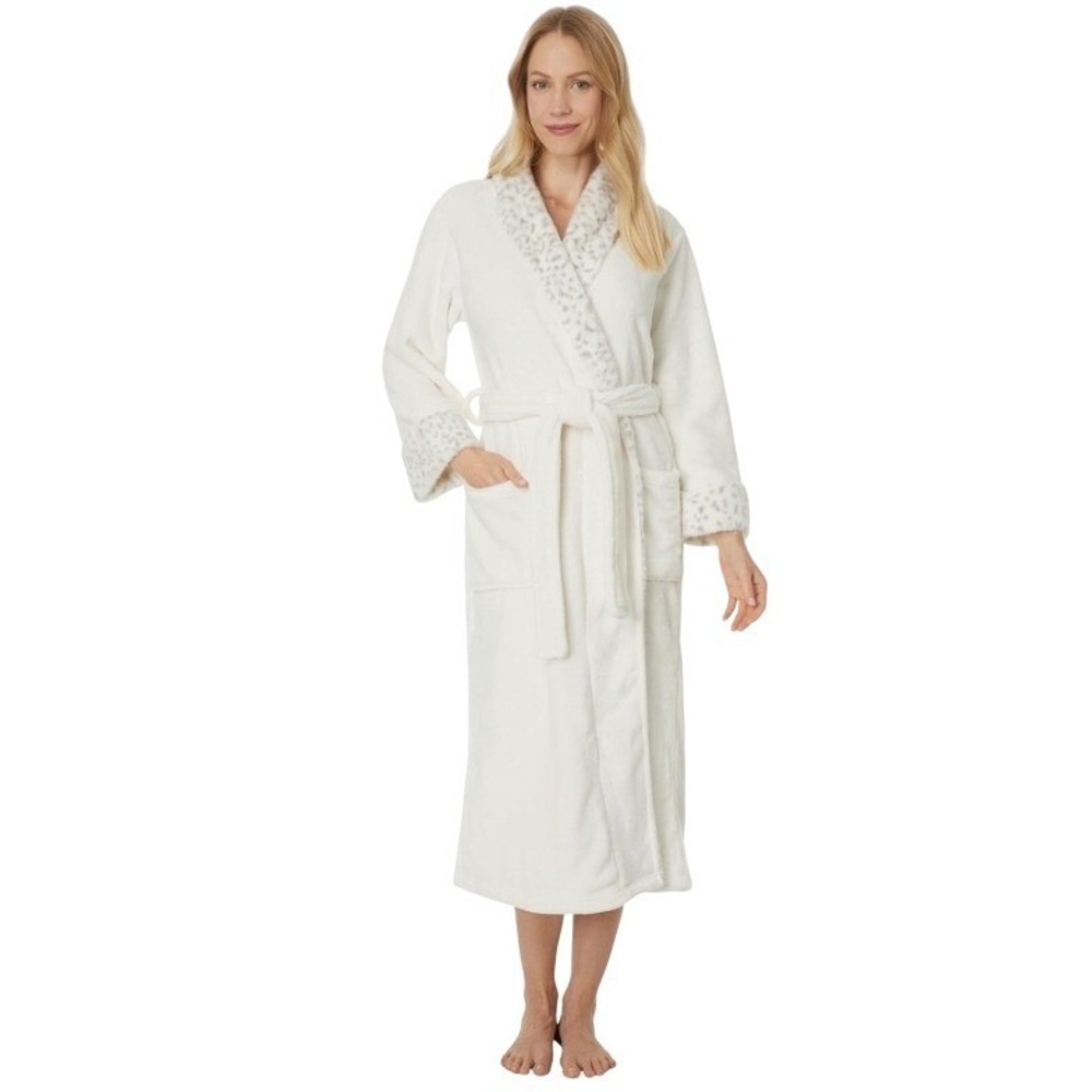NWT Luxury Robe Nordstrom Ivory White Leopard Lounge Cozy Plush Spa Sleepwear M